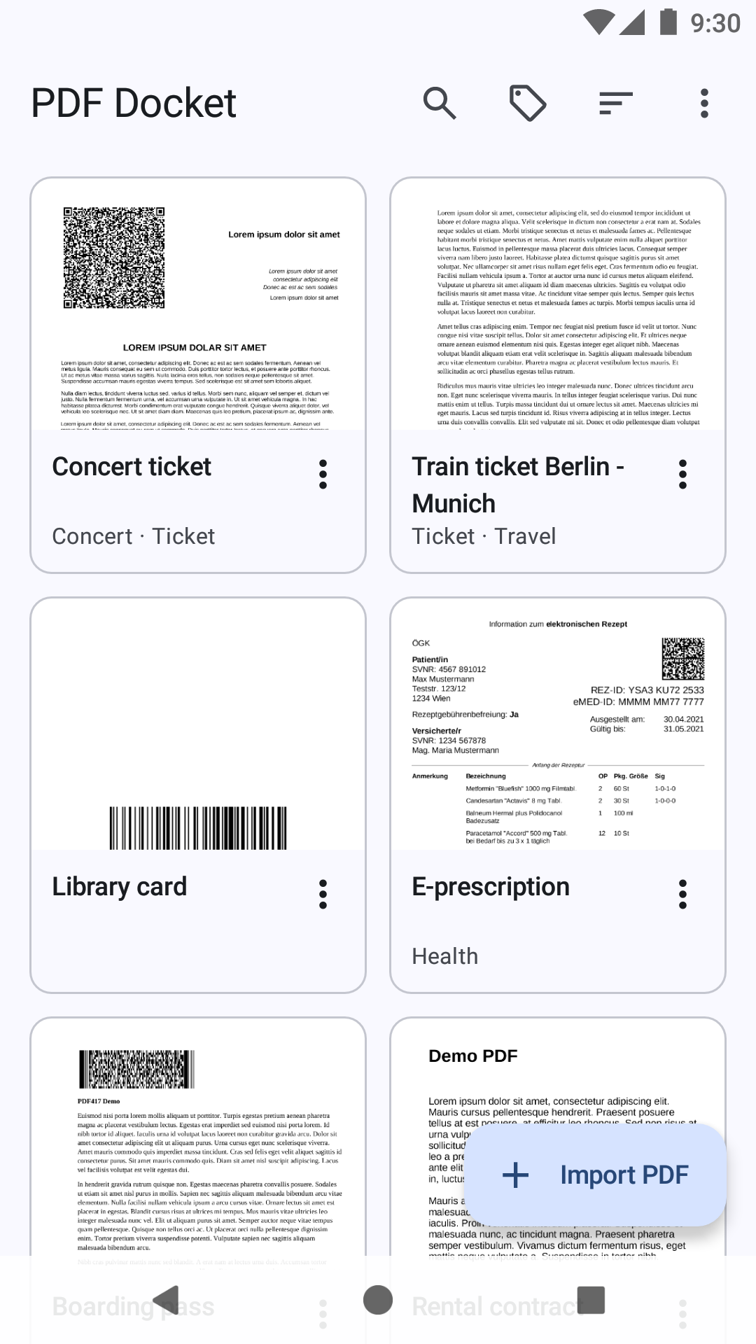 Document list with tags